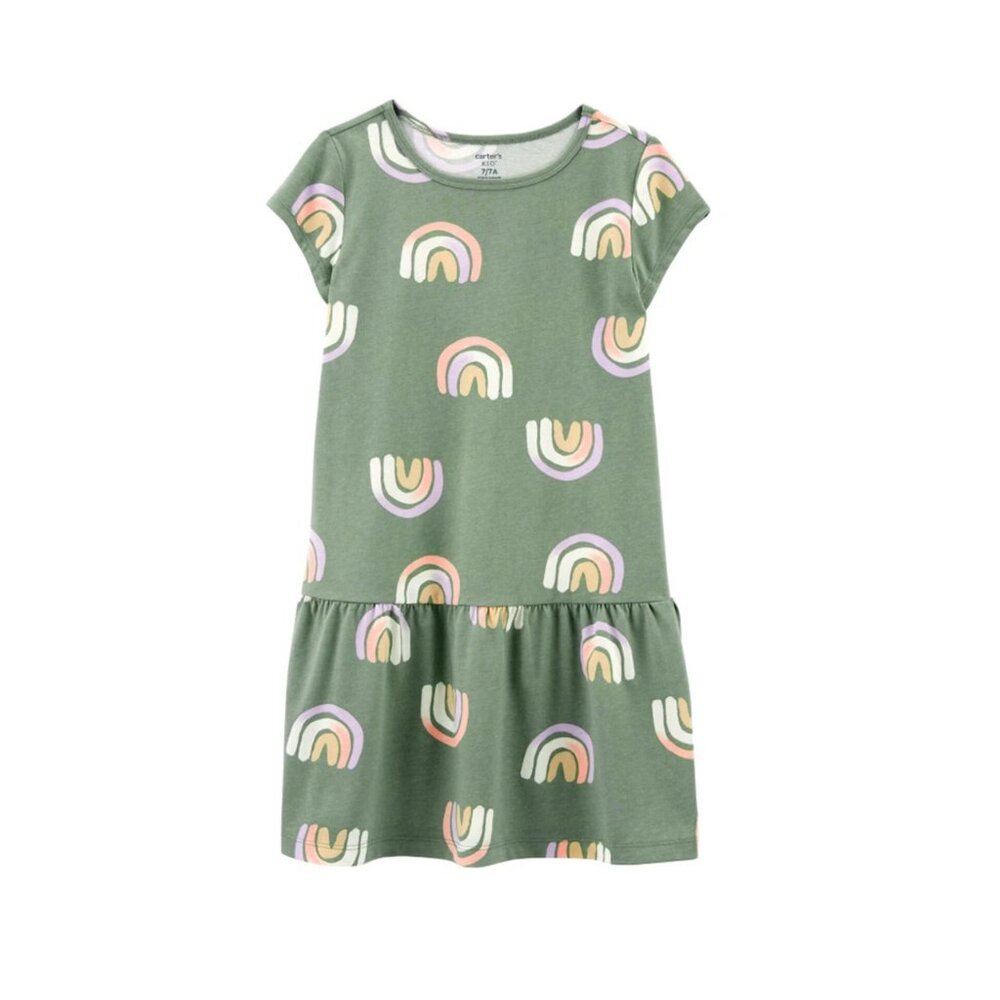 CARTERS NWT Girls Size 10 Rainbow Jersey Dress Green Short Sleeve Drop Waist